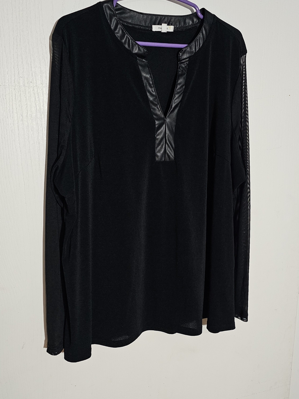 Maurices Black Long-Sleeve V-Neck Top with Faux Leather Trim